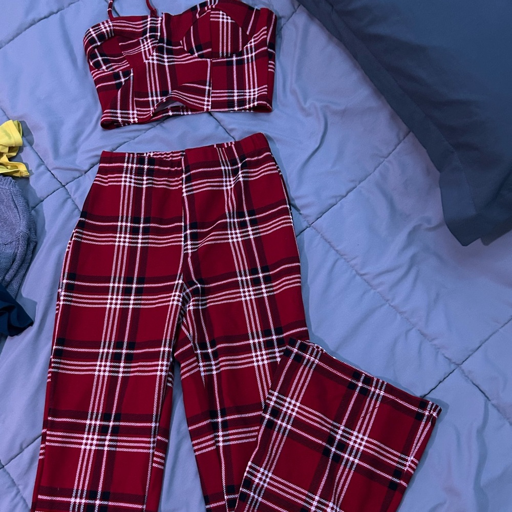 No Boundaries Red and White Plaid Wide Leg Jumpsuit